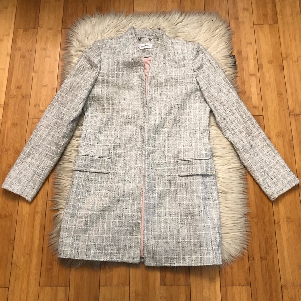 Calvin Klein Light Gray Grid Checker Stripes Open Front Tweed Long Coat Jacket 8